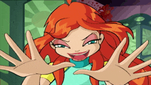 a cartoon girl with red hair is making a funny face with her hands