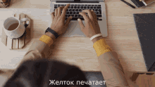 a person is typing on a laptop with the words " желток печатает " above them