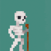 a pixel art of a skeleton holding a stick and giving a thumbs up