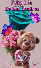 a teddy bear is holding a heart in front of a bouquet of roses and butterflies