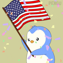 a penguin is holding an american flag in front of confetti