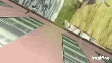 a person is flying through the air between two buildings in a cartoon .