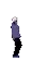 a pixel art of a man in a purple sweater and black pants standing in front of a white background .