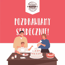 a poster with a family decorating a cake with the words pozdrawiamy serdecznie on it
