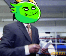 a man in a suit and tie has a green face on his head and the words long fun on the bottom right
