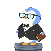 a penguin wearing glasses and a tuxedo holds a book with the number 67 behind him