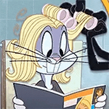 a cartoon bunny is reading a book in a bathroom .