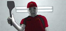 a cartoon of a man wearing a red mcdonald 's uniform holding a spatula