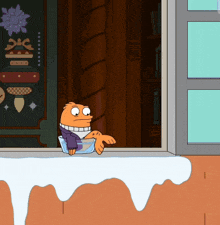 a cartoon character is sitting in a bowl of water looking out a window