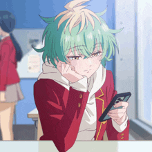 a girl with green hair and a red jacket looks at her phone
