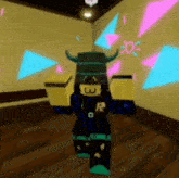 a roblox character with horns is standing in a room with triangles on the wall .