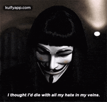 a black and white photo of a woman wearing a mask with a mustache and a quote .