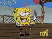 a cartoon of spongebob holding a knife in his hand