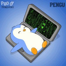 a cartoon of a penguin laying on top of a laptop with the word pengu on the bottom right