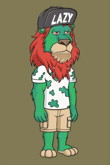 a cartoon lion with a hat that says lazy on it