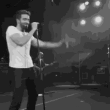 a man with a beard is singing into a microphone on a stage .