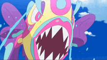 a cartoon drawing of a fish with sharp teeth and a blue sky in the background