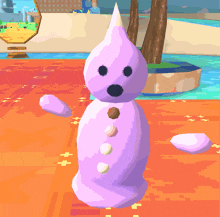a cartoon drawing of a purple snowman with a surprised look on its face