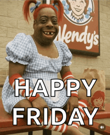 a wendy 's sign is behind a woman in a wendy 's dress