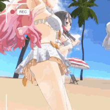 two anime girls are standing on a beach with a rec button