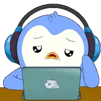 a cartoon penguin wearing headphones looks at a laptop