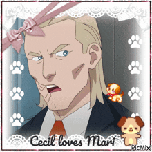 a picture of a man with a pink bow on his head and the words cecil loves mari