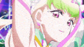 a close up of a girl with green hair and pink and yellow eyes