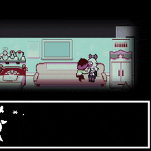 a pixel art of a girl hugging a boy on a couch in a living room