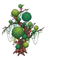 a pixel art drawing of a tree with mushrooms and balls
