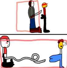 a drawing of jason voorhees holding a knife and a snake