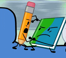 a pencil is standing next to a book that has a sad face