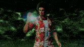a man in a hawaiian shirt is holding a glowing object