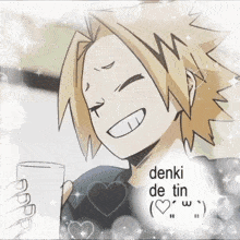 a drawing of a boy with the words denki de tin written on the bottom