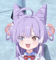 a girl with purple hair and ears is sticking out her tongue