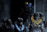 a group of soldiers are standing in a dark room with the word cjm on the bottom left