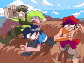 three cartoon characters are standing next to each other on a hill .