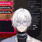 a man with white hair and glasses is smiling in front of a screen that says " pathetically "