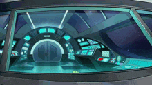a cartoon drawing of the inside of a space ship with a red button