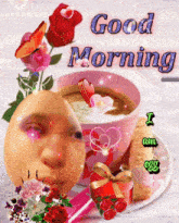 a picture of a cup of coffee with the words good morning written above it
