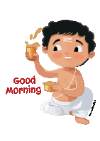 a cartoon of a man holding a cup and a bowl with the words good morning below him