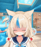 a cartoon girl with a blue and white stripe on her hair