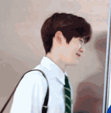a young man wearing a white shirt and a green tie is standing in front of a mirror .