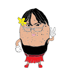 a drawing of a woman with glasses and a flower in her hair giving the peace sign