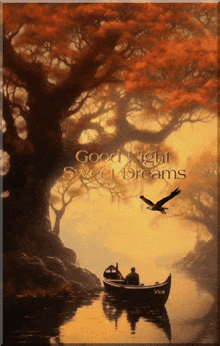 a painting of a man in a boat with the words " good night sweet dreams " on the bottom