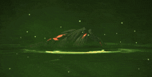 a cartoon drawing of a monster with a green head and red flames around it