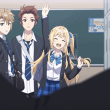 a girl in a school uniform waves her hand