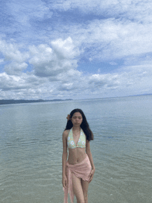a woman in a bikini stands in the water