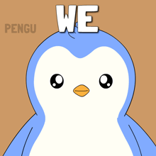 a penguin with the word we written on its head
