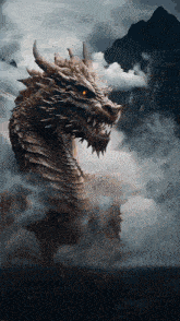 a large dragon with red eyes is surrounded by clouds