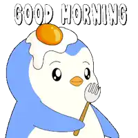 a penguin with a fried egg on its head and the words good morning